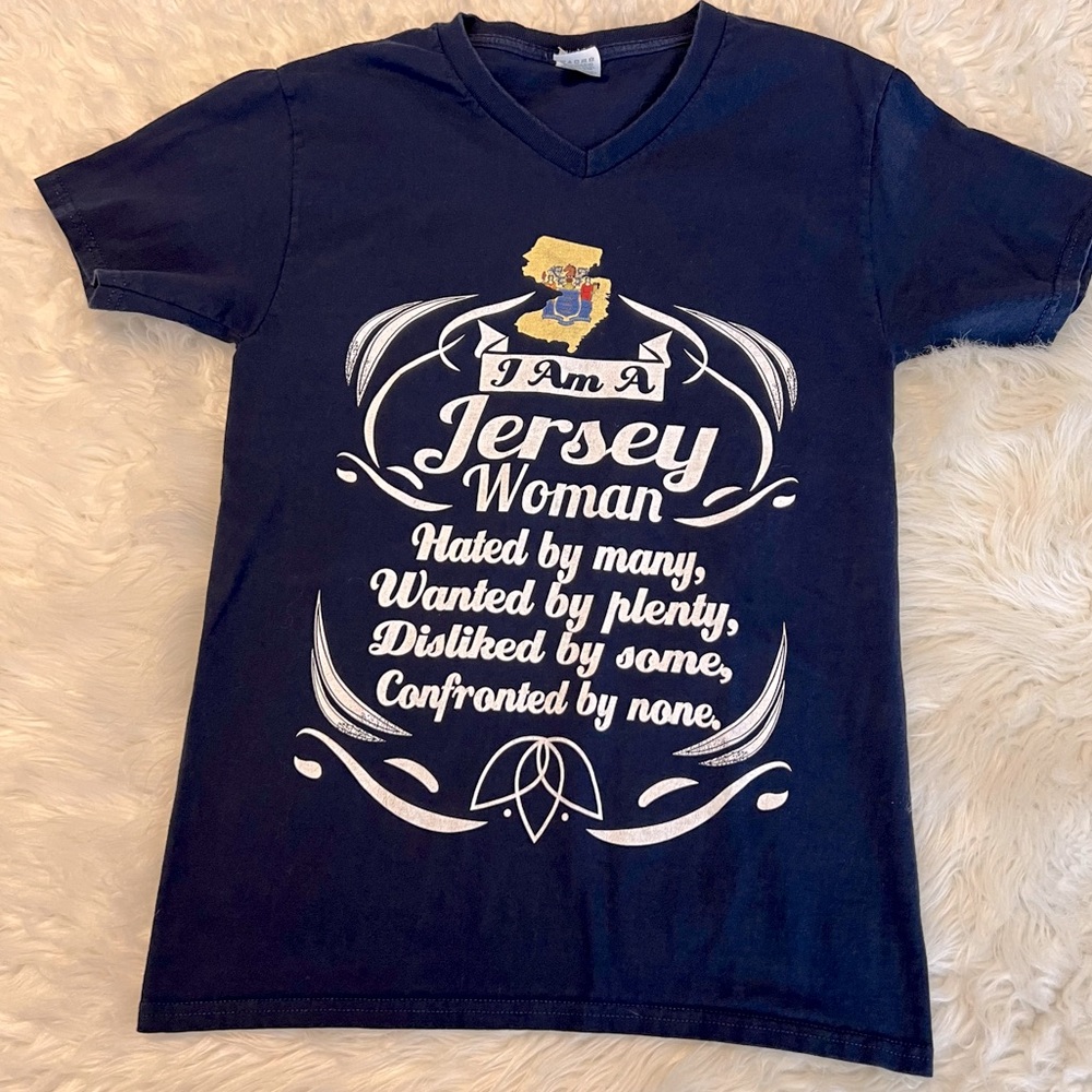 Humorous Poem Jersey Woman Short Sleeve V Neck T Shirt Size Small Dark Blue